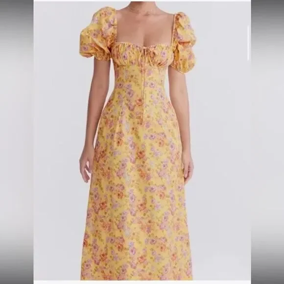 House of CB Maxi Dress Sz XS Yellow Floral Felizia Butter Print Puff Selene NEW